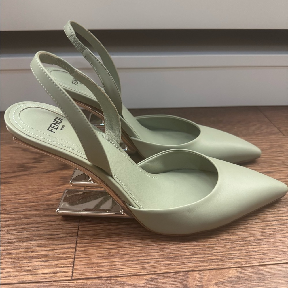 Fendi Green Slingback Heels with Silver Accents